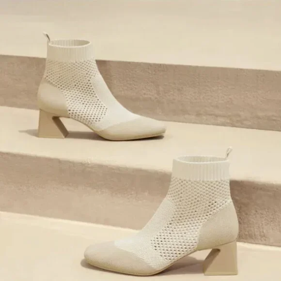 Vivaia Melissa Square-Toe Perforated Heeled Sock Boots in Oatmilk - Picture 2 of 6